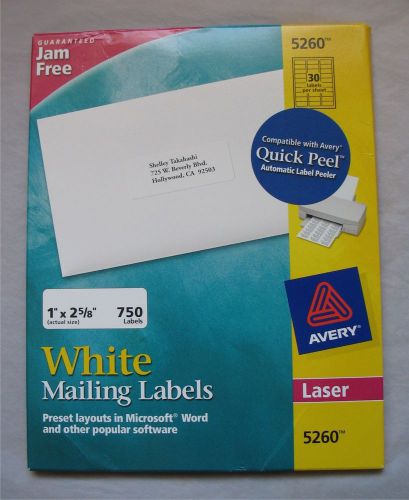 Avery Laser 5260 White Mailing Labels 750 Count 25 Sheets (30) 1&#034; x 2-5/8&#034; Per