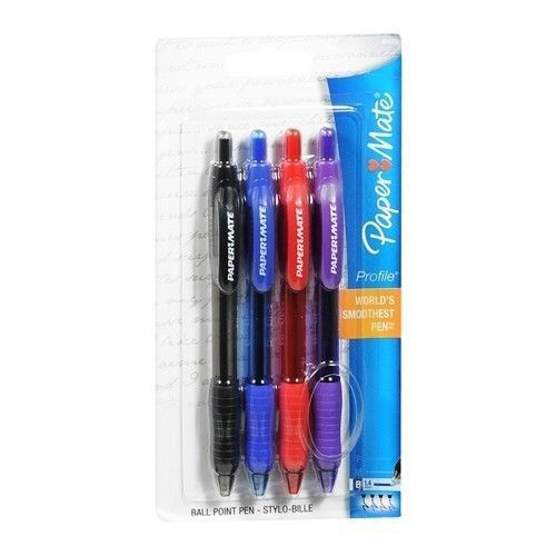 4 Pack PaperMate Profile Assorted Color &#034;World&#039;s Smoothest&#034; Ink Pens, Bold Point