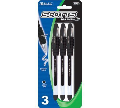 NEW Bazic Scotts Gel-Pen with Grip  Black Color  3 per Pack (Case of 144)