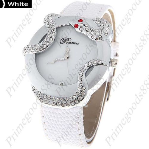 Snake PU Leather Band Rhinestone Quartz Wrist Wristwatch Women&#039;s White