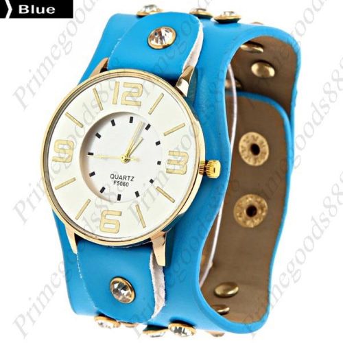 Wide Round Analog PU Leather Lady Ladies Wrist Quartz Wristwatch Women&#039;s Blue