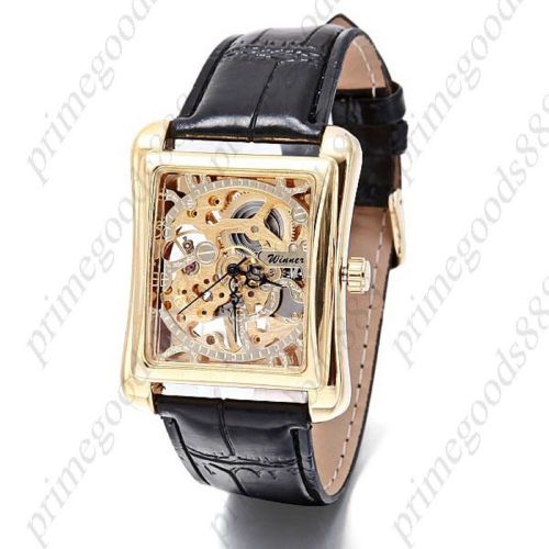 Square Gold Golden See Through Skeleton Mechanical PU Leather Wristwatch Black