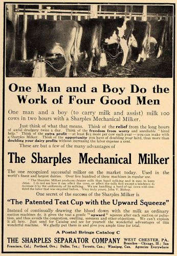 1913 Ad Sharples Mechanical Cow Milker Teat Cup Milking - ORIGINAL CL8