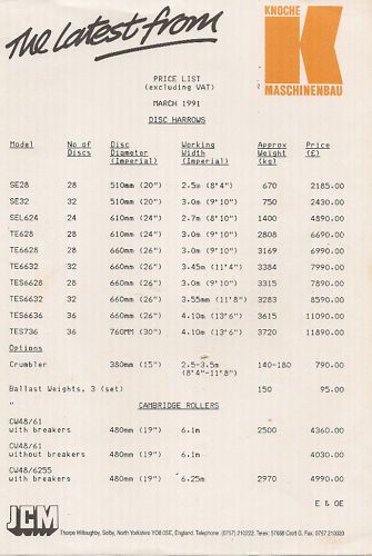 Knoche Disc Harrow Cambridge Roller 1991 Price List 56A