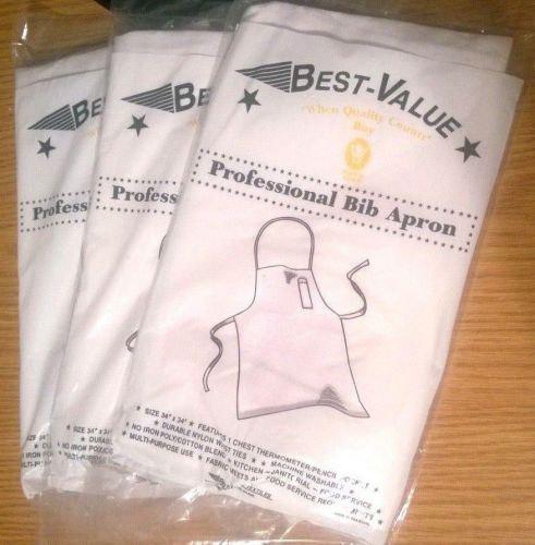 3 NEW White Professional Bib Apron - ,Features 1 Chest Thermometer/pencil Pocket
