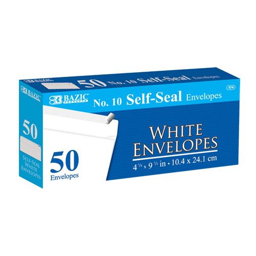 BAZIC #10 Self-Seal White Envelope (50/Pack), Case of 24