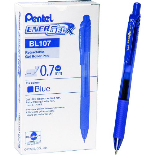 Pentel EnerGel BL107 0.7 mm Blue Gel Ink Retractable Rollerball Pen, Box of 12