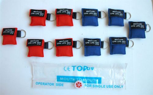 10PCS CPR MASK FACE SHIELD in POUCH w/ KEY CHAIN, 1-way Valve, 2&#034; x 2&#034;, BLUE&amp;RED