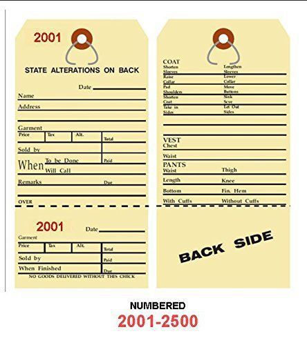 Alteration tags 6-1/4 x 3-1/8 2-sided manila with button slot numbered2001-2500 for sale
