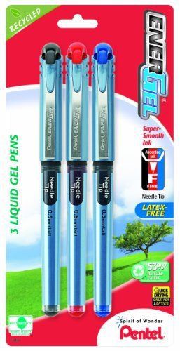 Pentel EnerGel NV Liquid Gel Pen, 0.5mm,  Needle Tip, Assorted Ink, Pack of 3