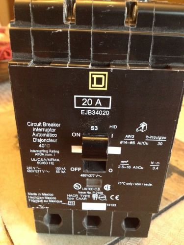 USED VERY CLEAN Square D EJB34020 Circuit Breaker 20 Amp 3 Pole 480 V