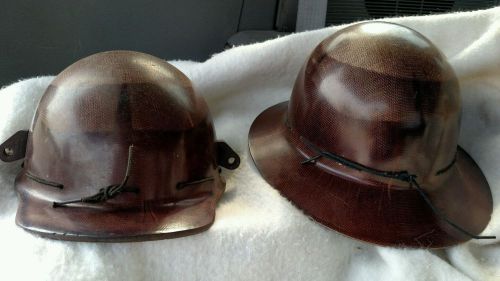 2 Vintage MSA Skullgard Caps  BROWN Fiberglass Hard Hat w/Suspension IRONWORKER