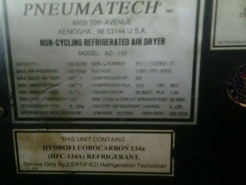 PNEUMATECH 150 CFM NON CYCLING REFRIGERATED AIR Dryer AIR COMPRESSOR 115 VOLTS