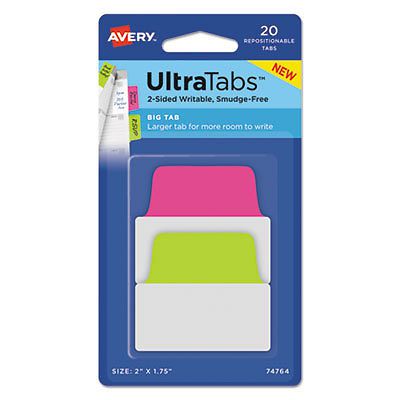 Ultra Tabs Repositionable Tabs, 2 x 1 3/4, Neon: Green, Pink, 20/Pack, 1 Package