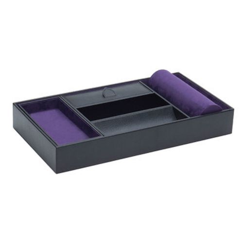Wolf Blake Pebble Black Leather Valet Tray with Cuff &amp; Contrasting Purple Lining