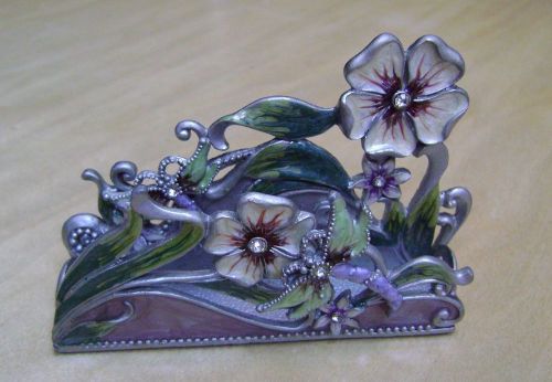 Gorgeous Business Card Holder for desk floral pansy &amp; dragonfly bling  Pewter