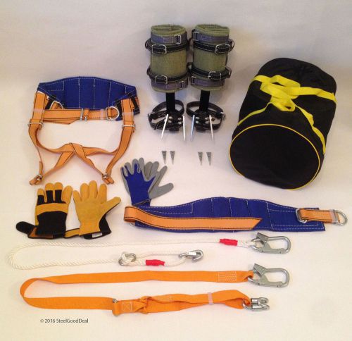 Tree climbing spike set spurs saddle safety belt 2lanyard 2gloves gear bag new for sale