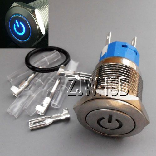 19mm 12V BLUE Led Lighted Push Button Metal MOMENTARY Switch + Connector O-ring