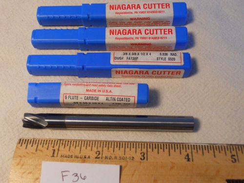 4 new niagara carbide endmills 3/8&#034; dia 3/8&#034; sh. 5 fl .030 rad. coated f36 for sale