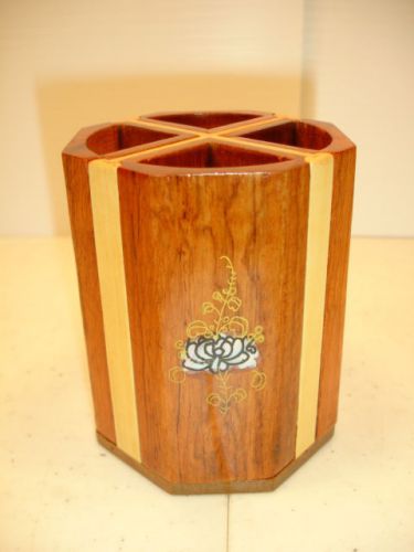 NEW Hand Carved Wood Art Mother of Pearl inlaid PEN HOLDER Unique Home Office