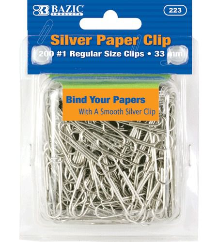 BAZIC No.1 Regular (33mm) Silver Paper Clips (200/Pack), Case of 72
