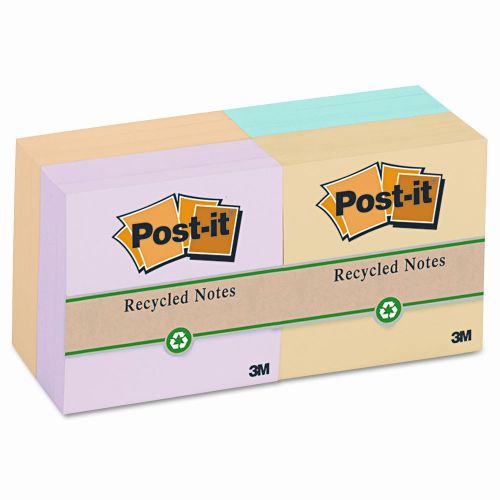 Post-it® Greener Recycled Pastel Note Pad, 3 X 3, 12 100-Sheet Pads/Pack