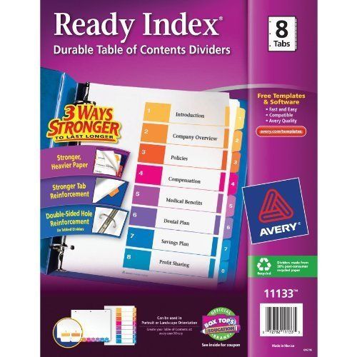 Avery Ready Index Contemporary Table of Contents Divider 1-8, Multi, 2 Sets of 8