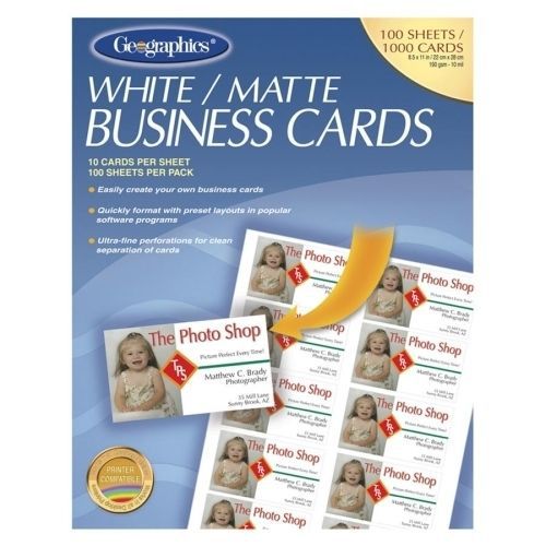 Geographics 46102 Busftess Cards Laser/ftkjet 3-1/2&#034; x2&#034;  1000/PK Matte White
