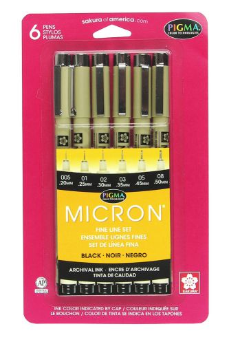 Sakura pigma micron assorted tips-6pk black 005,01,02,03,05,08 pen set for sale