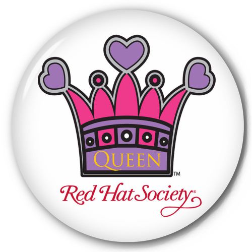 S11 RED HAT SOCIETY 3&#034; QUEEN CROWN PIN BACK BUTTON OFFICIAL LICENSED PRODUCT