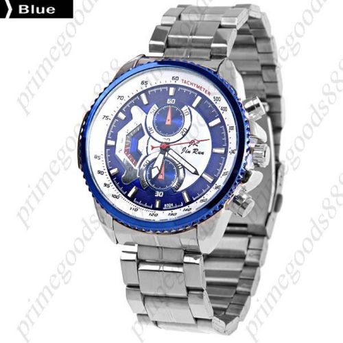 Stainless Steel False Sub Dials Quartz Wrist Men&#039;s Wristwatch Silver Blue Face
