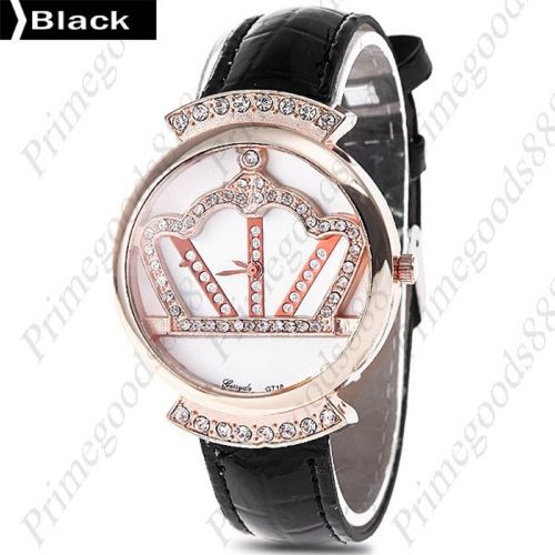 Crown Round Rhinestones PU Leather Lady Ladies Quartz Wristwatch Women&#039;s Black