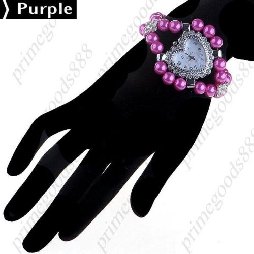 Heart Rhinestones Crystals Beads Chain Quartz Wrist Wristwatch Women&#039;s Purple