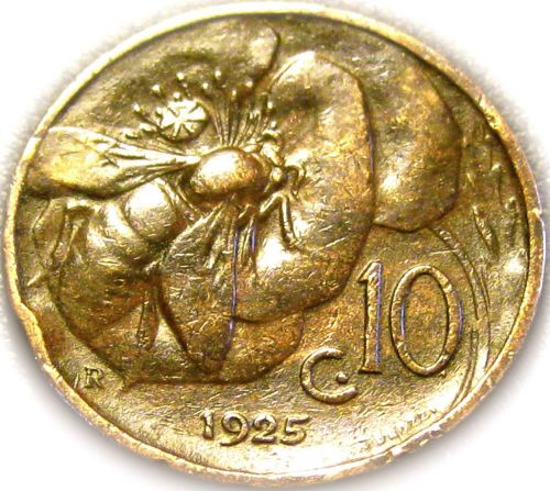 Honeybee Coin - Italy - Italian 1925R 10 Centesimi Coin - Great Coin - RARE