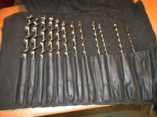 Vintage Irwin 12 Piece Auger Brace Bit Set. Leather pouch hand tools Made in USA