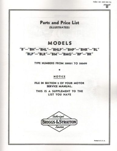 Briggs &amp; Stratton Model B Series Gas Engine Motor Parts List Book Hit &amp; Miss