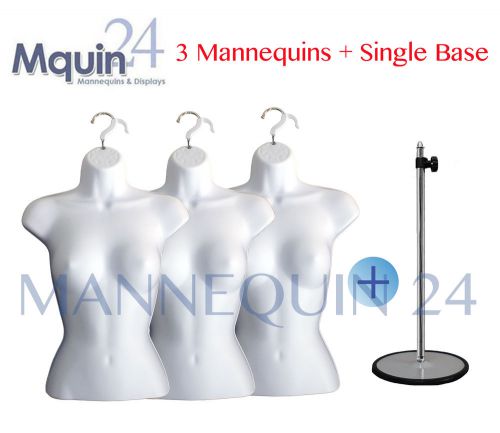 3 FEMALE TORSO MANNEQUINS WHITE + 1 STAND ONLY +3 HANGERS, CLOTHING DISPLAY