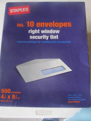 STAPLES #10 ENVELOPES 500 ENVELOPES - RIGHT WINDOW SECURITY TINT  4 1/8 X 9 1/2