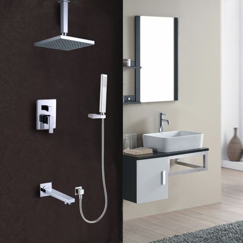 Modern 8 Inch Square Rain Shower System with Hand Shower &amp; Spout Free Shipping