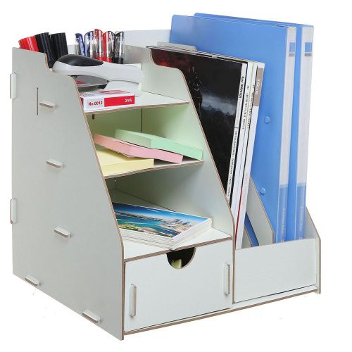 All-in-one beige wood desktop organizer rack w/ 2 magazine holder drawer shel... for sale