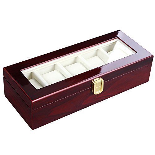 Songmics wooden watch box mens organizer 5 slots display case cherry finish u... for sale