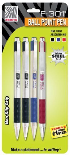 Zebra Pen Zebra F-301 Stainless Steel Retractable Ballpoint Pen, 0.7mm,