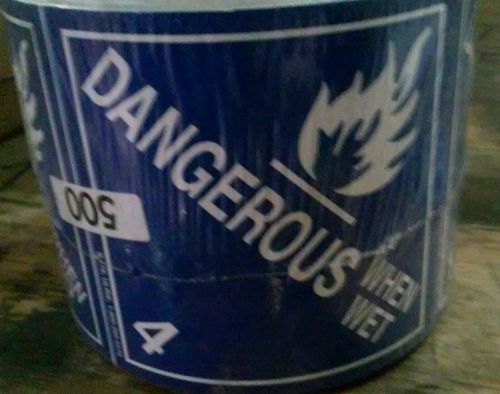 DANGEROUS WHEN WET, Hazard Class 4 D.O.T. Shipping Labels, 4&#034; x 4&#034;, Roll of 500