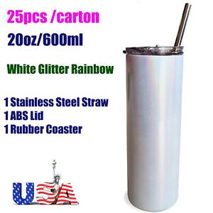 US 25pcs 20oz Sublimation Straight Skinny Tumblers Glitter Sparkling WITH Straw