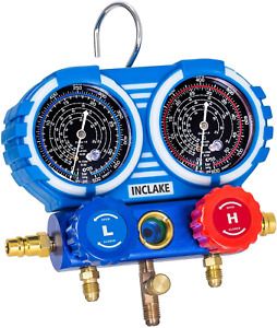 INCLAKE R410A, R22, R32 Manifold Gauge High Low Pressure Gauge Without Hose, Kit