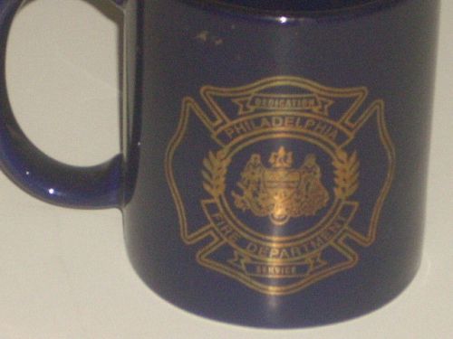 Vintage Navy Blue Mug Gold Gilt PHILADELPHIA FIRE DEPT Crest DEDICATION SERVICE