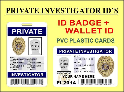 Private investigator id&#039;s (badge + wallet card) customize w/ your own info - pvc for sale