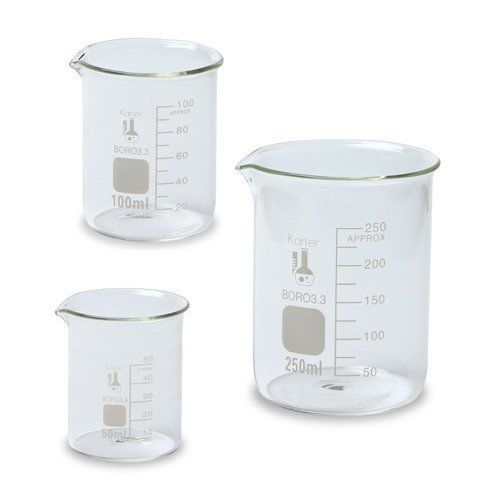 NEW Lap Glass Beaker Set - 3 Sizes - 50 100 and 250ml Karter Scientific 214T2