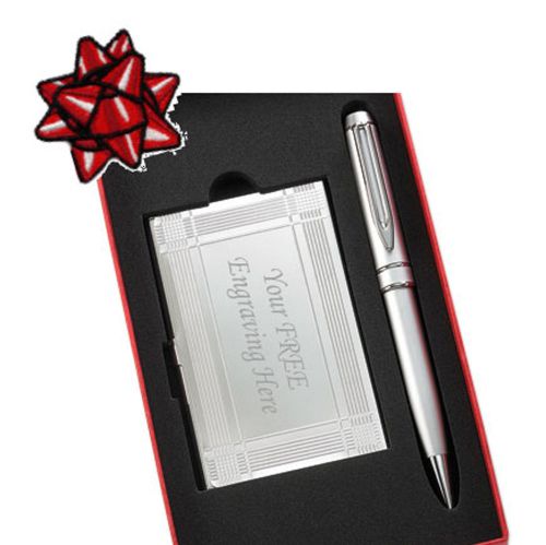 2 Piece Gift Set = Custom 4-Striped Card Case &amp; Pen Set with FREE Engraving