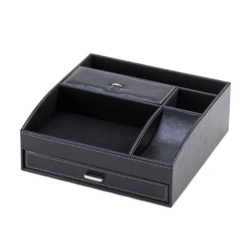 Multi-function Wood Structure Faux Leather Desk Stationery Organizer Box - NEW